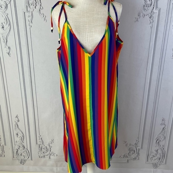 Casual Rainbow Striped Tie Shoulder Cami Dress. - Picture 6 of 10